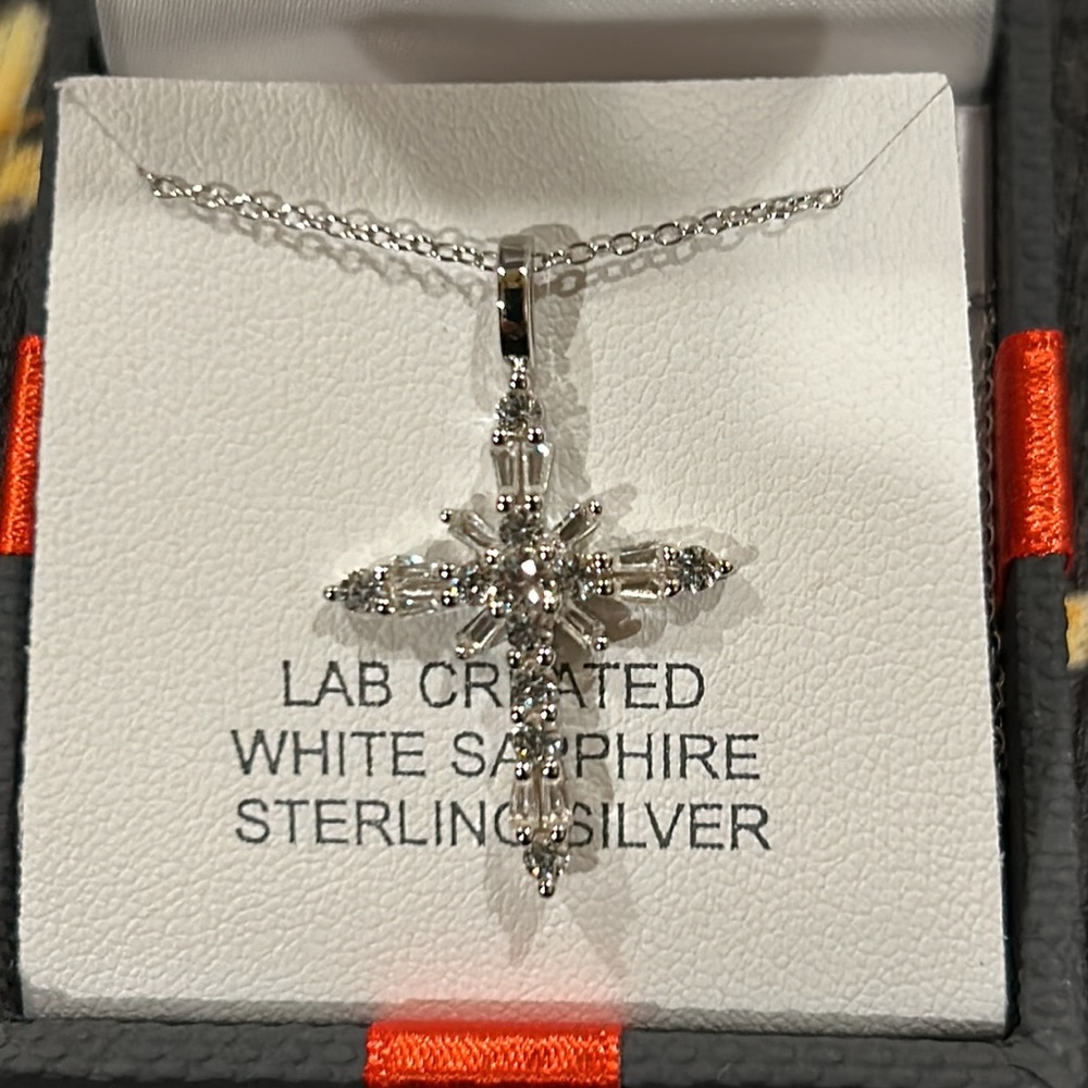 NWT Sterling Silver Lab Created White Sapphire Cross Necklace